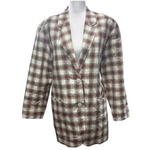 Tartan Plaid Boxy Blazer Women‎ Size 8 Cotton Linen Italy Red Vintage Holiday